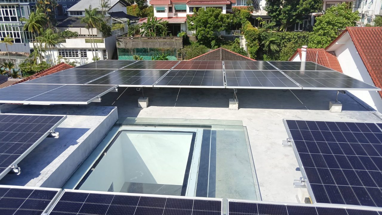 Rooftop PV panel installation on a landed home at Watten Rise, Singapore